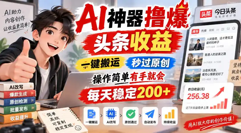 AI神器撸爆头条收益，一键搬运，秒过原创，操作简单有手就会，每天稳定200+【揭秘】-亿起创业网-副业兼职月入过万-自媒体、引流推广、网赚项目、短视频、技术教程等创业项目资源
