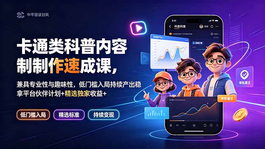 卡通类科普内容制作速成课，兼具专业性与趣味性，低门槛入局持续产出稳拿平台伙伴计划+精选独家收益-亿起创业网-副业兼职月入过万-自媒体、引流推广、网赚项目、短视频、技术教程等创业项目资源