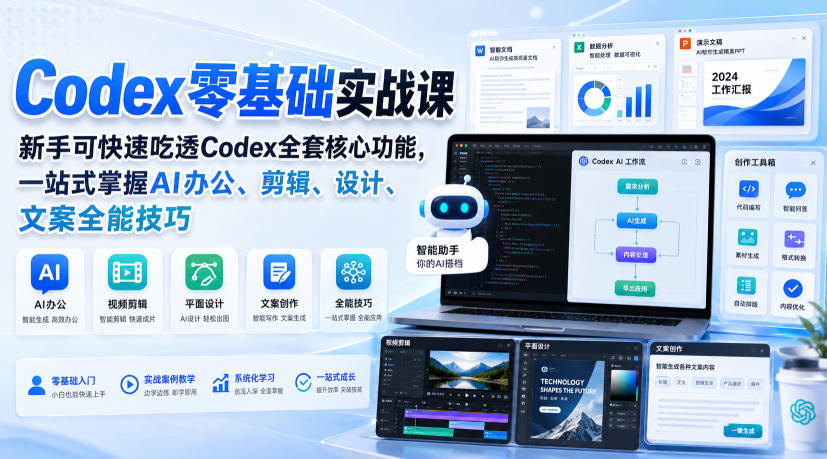 Codex零基础实战课，新手可快速吃透Codex全套核心功能，一站式掌握AI办公、剪辑、设计、文案全能技巧-亿起创业网-副业兼职月入过万-自媒体、引流推广、网赚项目、短视频、技术教程等创业项目资源