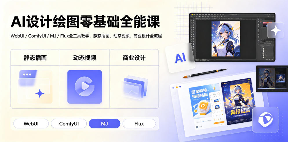 AI设计绘图零基础全能课｜WebUI/ComfyUI/MJ/Flux全工具教学，静态插画、动态视频、商业设计全流程-亿起创业网-副业兼职月入过万-自媒体、引流推广、网赚项目、短视频、技术教程等创业项目资源