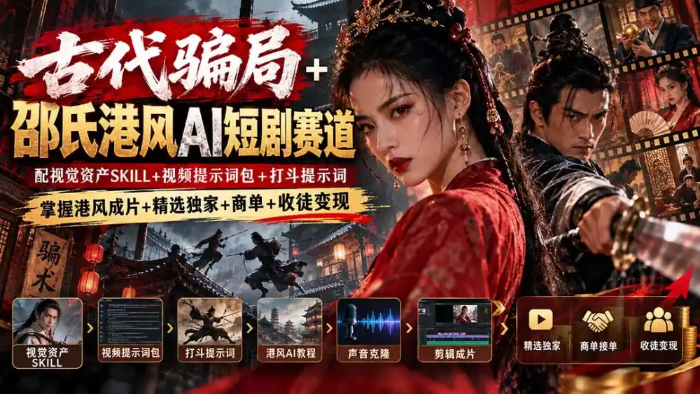古代骗局+邵氏港风AI短剧赛道：配视觉资产SKILL+视频提示词包+打斗提示词，掌握港风成片+精选独家+商单+收徒变现-亿起创业网-副业兼职月入过万-自媒体、引流推广、网赚项目、短视频、技术教程等创业项目资源