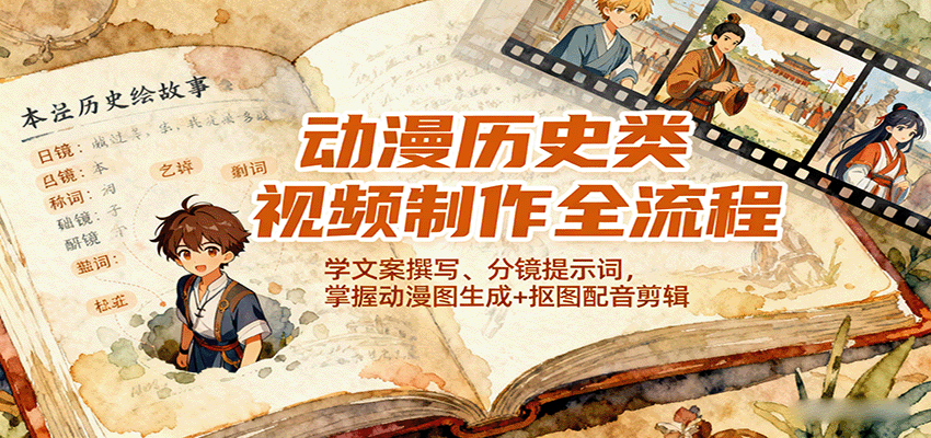 动漫历史类视频制作全流程，学文案撰写、分镜提示词，掌握动漫图生成+抠图配音剪辑-亿佰盟网