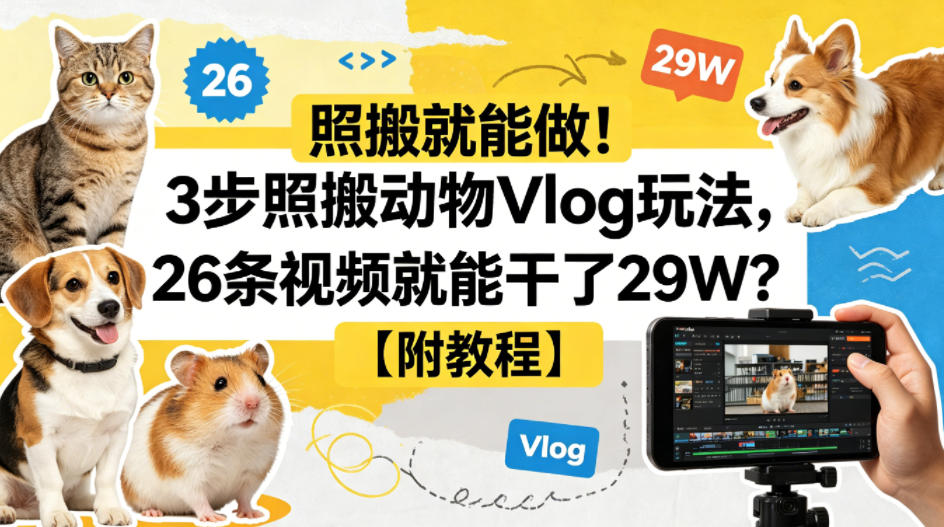 照搬就能做！3步照搬动物Vlog玩法，26条视频就能干了29W？【附教程】【赠coze一键生成工作流】-亿起创业网-副业兼职月入过万-自媒体、引流推广、网赚项目、短视频、技术教程等创业项目资源