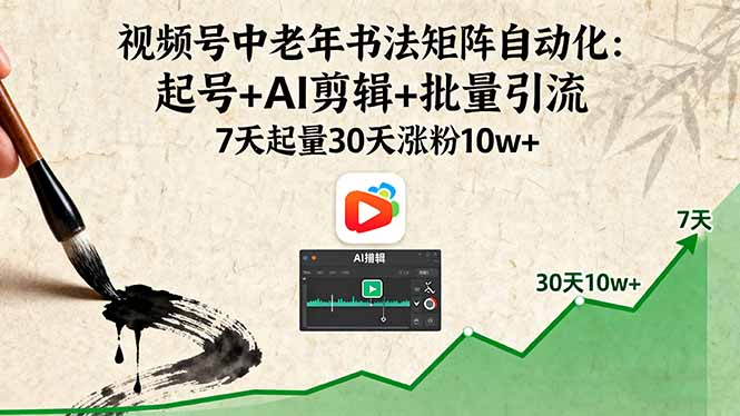 视频号中老年书法矩阵自动化：起号+AI剪辑+批量引流 7天起量30天涨粉10w+-亿佰盟网