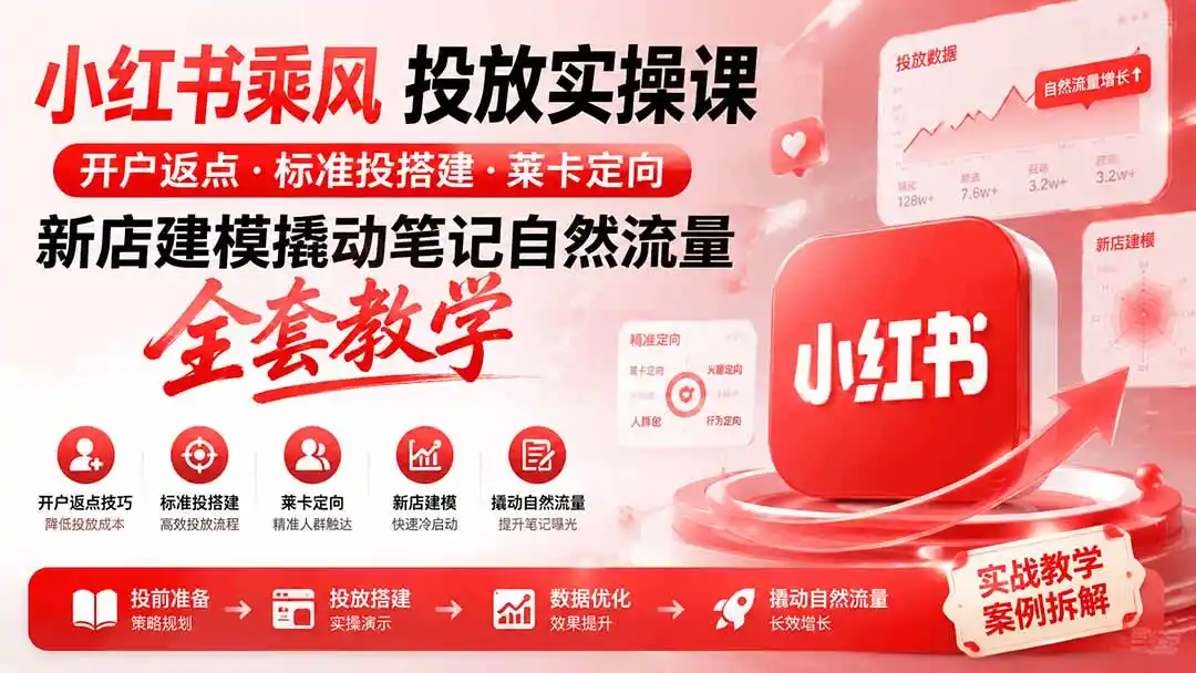 小红书乘风投放-100分钟实操课｜开户返点·标准投搭建·莱卡定向，新店建模撬动笔记自然流量全套教学-亿起创业网-副业兼职月入过万-自媒体、引流推广、网赚项目、短视频、技术教程等创业项目资源
