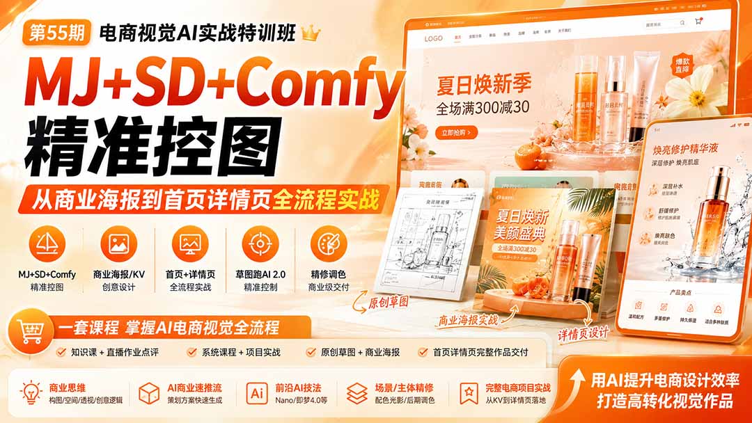 电商视觉 AI实战训练营第55期：MJ+SD+Comfy精准控图，从商业海报到首页详情页全流程实战-亿起创业网-副业兼职月入过万-自媒体、引流推广、网赚项目、短视频、技术教程等创业项目资源