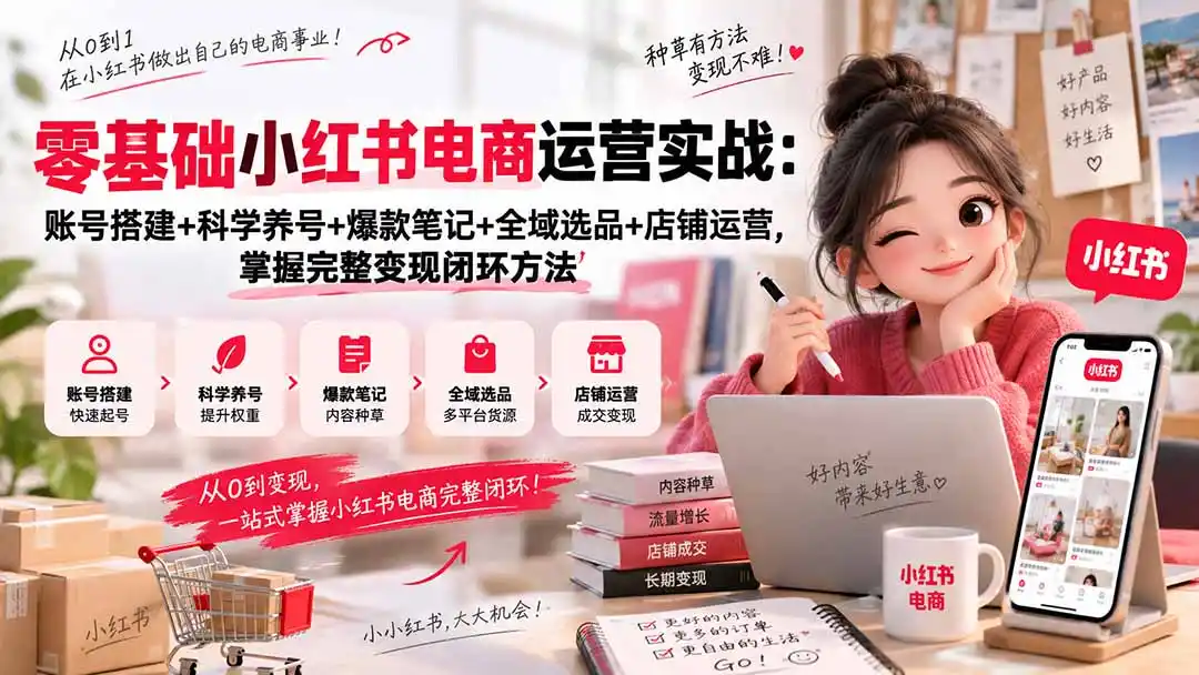 零基础小红书电商运营实战：账号搭建+科学养号+爆款笔记+全域选品+店铺运营，掌握完整变现闭环方法-亿起创业网-副业兼职月入过万-自媒体、引流推广、网赚项目、短视频、技术教程等创业项目资源