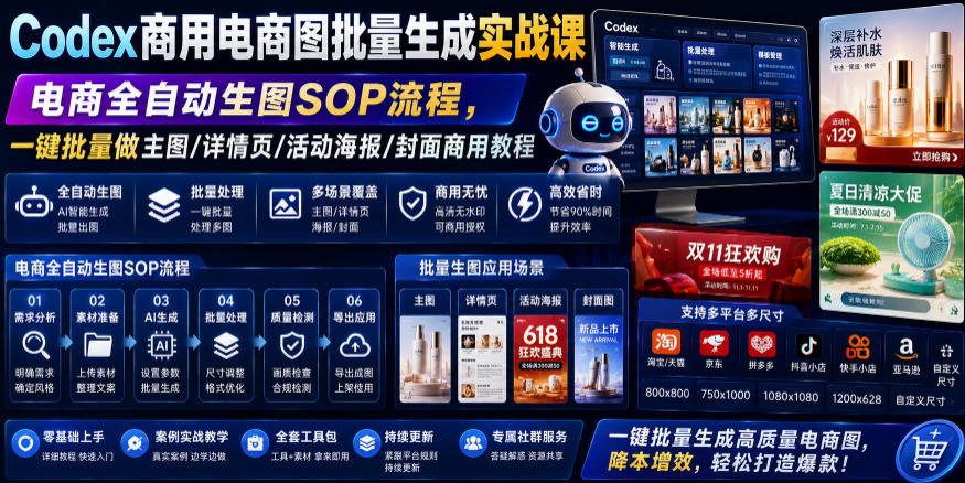 Codex商用电商图批量生成实战课|电商全自动生图SOP流程,一键批量做主图/详情页/活动海报/封面商用教程-亿起创业网-副业兼职月入过万-自媒体、引流推广、网赚项目、短视频、技术教程等创业项目资源