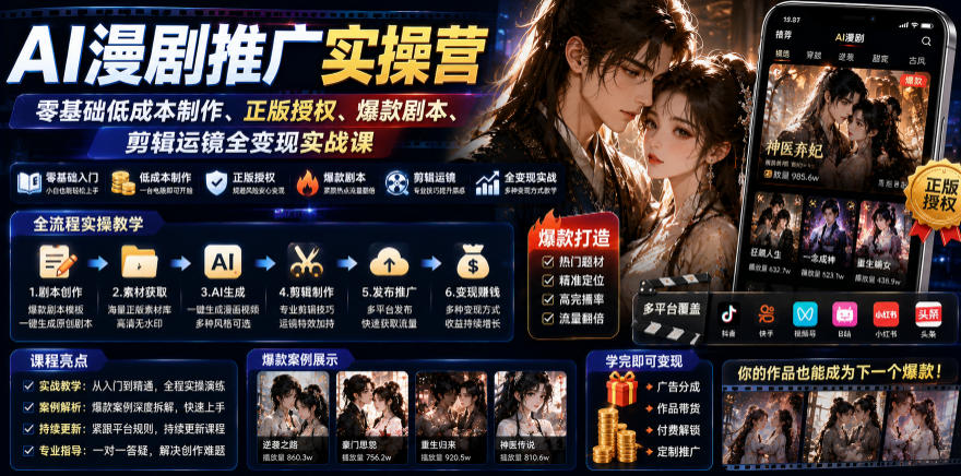AI漫剧推广实操营｜零基础低成本制作、正版授权、爆款剧本、剪辑运镜全变现实战课-亿起创业网-副业兼职月入过万-自媒体、引流推广、网赚项目、短视频、技术教程等创业项目资源