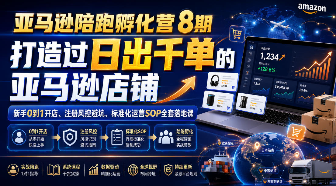 亚马逊陪跑孵化营8期，打造过日出千单的亚马逊店铺，新手0到1开店、注册风控避坑、标准化运营SOP全套落地课-亿起创业网-副业兼职月入过万-自媒体、引流推广、网赚项目、短视频、技术教程等创业项目资源