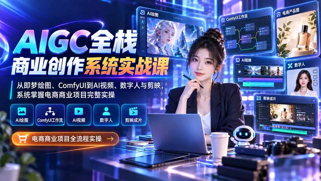 AIGC全栈商业创作系统实战课：从即梦绘图、ComfyUI到AI视频、数字人与剪映，系统掌握电商商业项目完整实操-亿起创业网-副业兼职月入过万-自媒体、引流推广、网赚项目、短视频、技术教程等创业项目资源