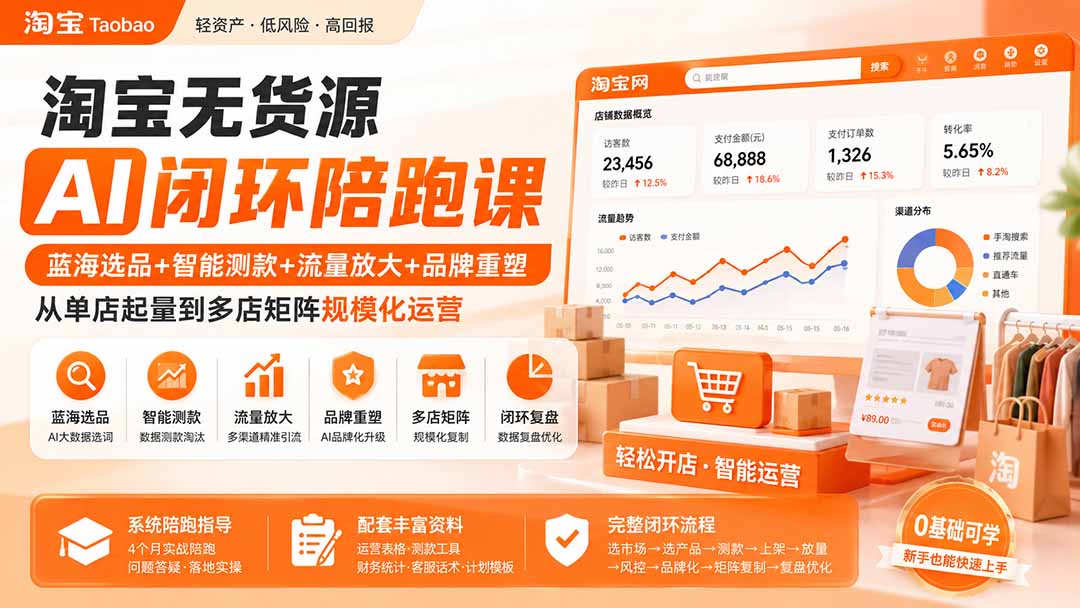 淘宝无货源AI闭环陪跑课：蓝海选品+智能测款+流量放大+品牌重塑，从单店起量到多店矩阵规模化运营-亿起创业网-副业兼职月入过万-自媒体、引流推广、网赚项目、短视频、技术教程等创业项目资源