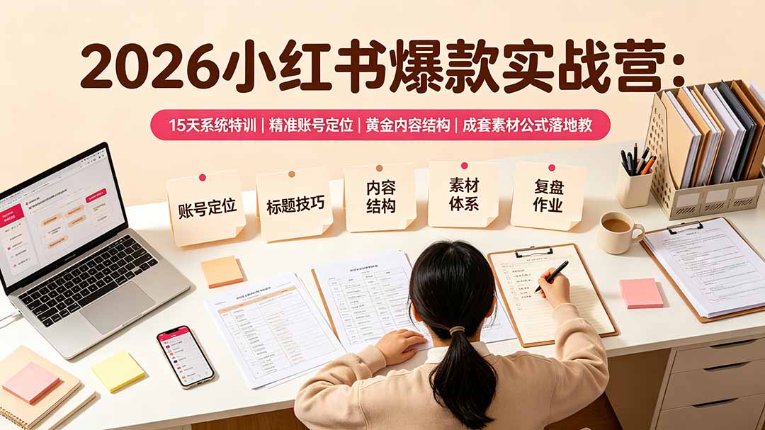 2026小红书爆款实战营：15天系统特训｜精准账号定位｜黄金内容结构｜成套素材公式落地教程-亿起创业网-副业兼职月入过万-自媒体、引流推广、网赚项目、短视频、技术教程等创业项目资源