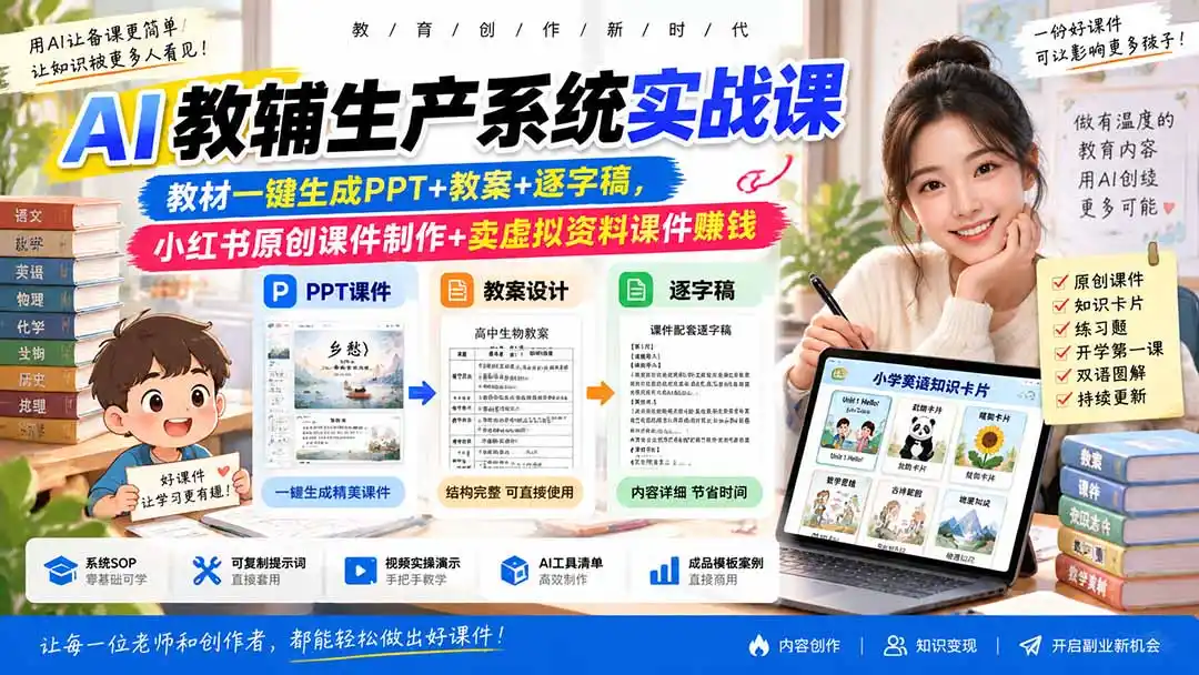 AI教辅生产系统实战课-更新0926｜教材一键生成PPT+教案+逐字稿，小红书原创课件制作+卖虚拟资料课件赚钱-亿起创业网-副业兼职月入过万-自媒体、引流推广、网赚项目、短视频、技术教程等创业项目资源