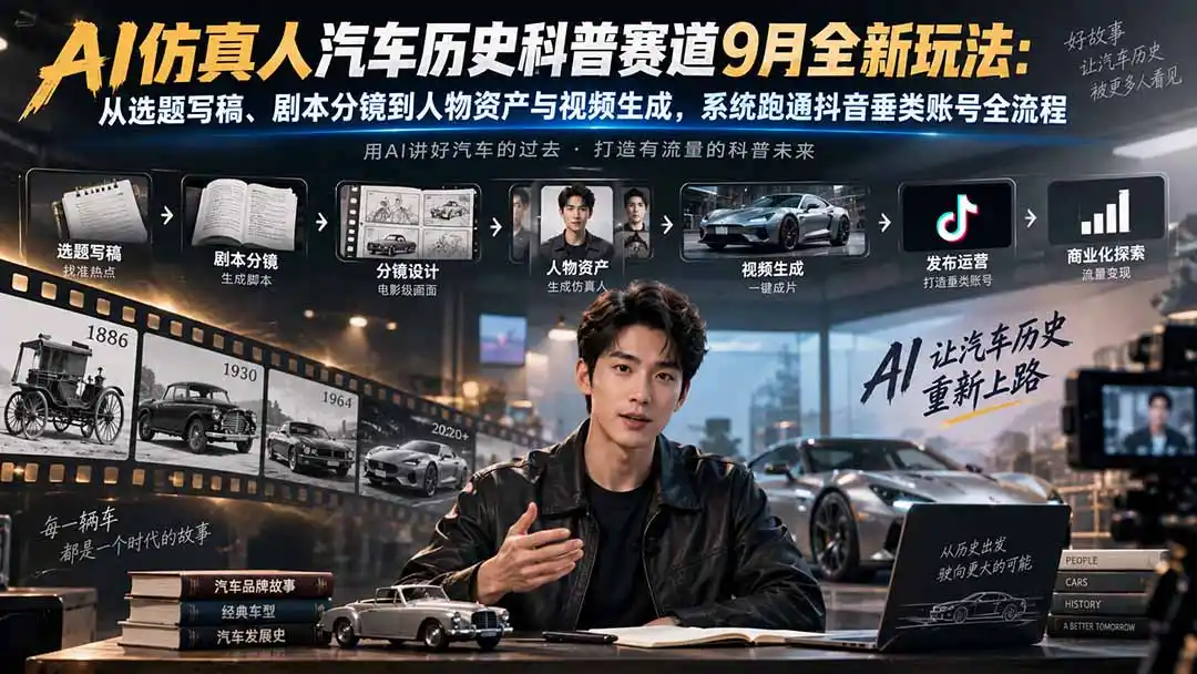 AI仿真人汽车历史科普赛道9月全新玩法：从选题写稿、剧本分镜到人物资产与视频生成，系统跑通抖音垂类账号全流程