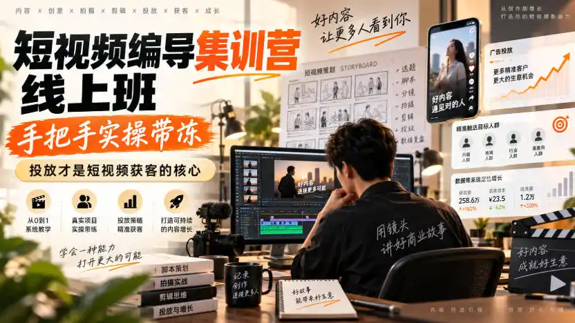 短视频编导集训营线上班，手把手实操带冻，投放才是短视频获客的核心-亿起创业网-副业兼职月入过万-自媒体、引流推广、网赚项目、短视频、技术教程等创业项目资源