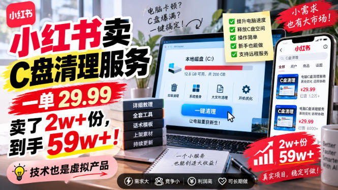 小红书卖C盘清理服务，一单29.99，卖了2w+份，技术也是虚拟产品-亿起创业网-副业兼职月入过万-自媒体、引流推广、网赚项目、短视频、技术教程等创业项目资源