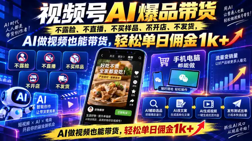 视频号Ai爆品带货，不露脸、不直播、不买样品、不开店、不发货，AI做视频也能带货，轻松单日佣金1k+-亿起创业网-副业兼职月入过万-自媒体、引流推广、网赚项目、短视频、技术教程等创业项目资源