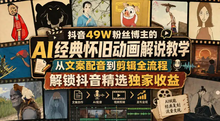 抖音49W粉丝博主的AI经典怀旧动画解说教学,从文案配音到剪辑全流程,解锁抖音精选独家收益 抖音49W粉丝博主的AI经典怀旧动画解说教学,从文案配音到剪辑全流程,解锁抖音精选独家收益