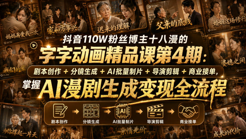 抖音110W粉丝博主十八漫的字字动画精品课第4期：剧本创作+分镜生成+剪辑+商业接单，掌握AI漫剧生成变现全流程-亿起创业网-副业兼职月入过万-自媒体、引流推广、网赚项目、短视频、技术教程等创业项目资源