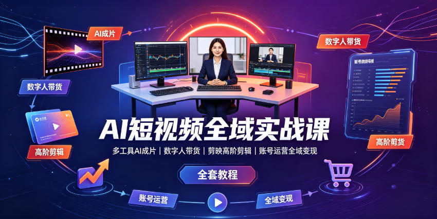 AI短视频全域实战课｜多工具AI成片、数字人带货、剪映高阶剪辑、账号运营全域变现全套教程-亿起创业网-副业兼职月入过万-自媒体、引流推广、网赚项目、短视频、技术教程等创业项目资源
