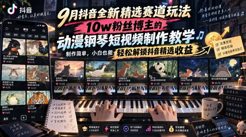 9月抖音全新精选赛道玩法，10w粉丝博主的动漫钢琴短视频制作教学，制作简单，小白也能轻松解锁抖音精选收益-亿起创业网-副业兼职月入过万-自媒体、引流推广、网赚项目、短视频、技术教程等创业项目资源