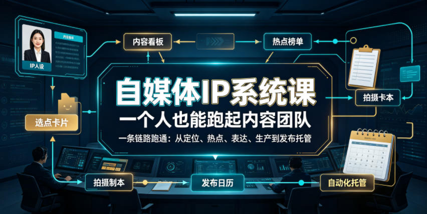 自媒体IP系统课，一个人也能跑起内容团队，一条链路跑通，从定位、热点、表达、生产到发布托管-亿起创业网-副业兼职月入过万-自媒体、引流推广、网赚项目、短视频、技术教程等创业项目资源