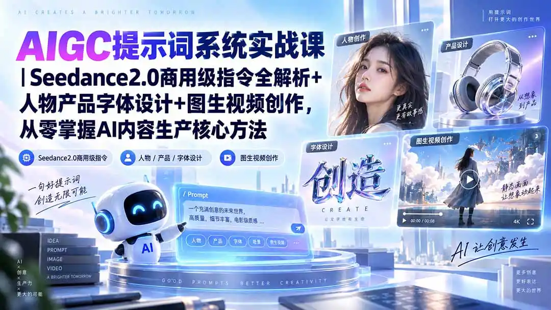 AIGC提示词系统实战课-无水印｜Seedance2.0商用级指令全解析+人物产品字体设计+图生视频创作，掌握AI内容生产方法-亿起创业网-副业兼职月入过万-自媒体、引流推广、网赚项目、短视频、技术教程等创业项目资源