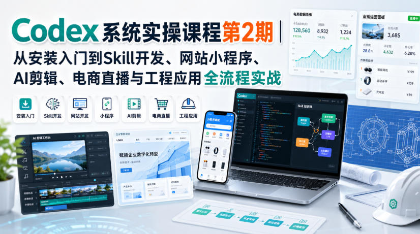 Codex系统实操课程第2期｜从安装入门到Skill开发、网站小程序、AI剪辑、电商直播与工程应用全流程实战-亿起创业网-副业兼职月入过万-自媒体、引流推广、网赚项目、短视频、技术教程等创业项目资源