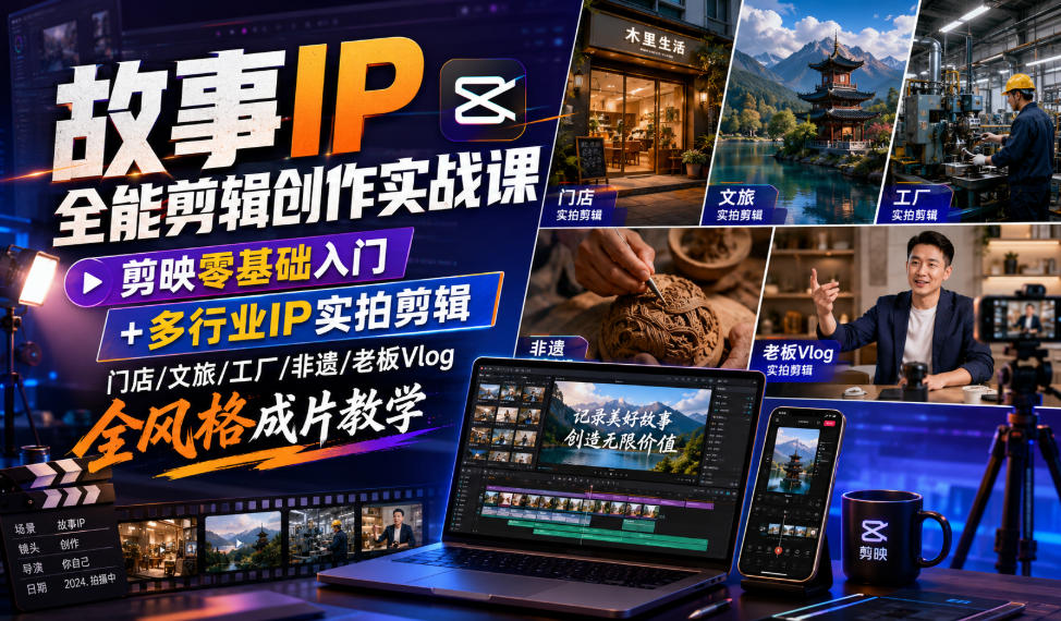 故事IP全能剪辑创作实战课｜剪映零基础入门+多行业IP实拍剪辑，门店/文旅/工厂/非遗/老板Vlog全风格成片教学-亿起创业网-副业兼职月入过万-自媒体、引流推广、网赚项目、短视频、技术教程等创业项目资源