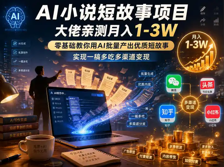AI小说短故事项目，大佬亲测月入1-3W，零基础教你用AI批量产出优质短故事，实现一稿多吃多渠道变现(更新0910)-亿起创业网-副业兼职月入过万-自媒体、引流推广、网赚项目、短视频、技术教程等创业项目资源