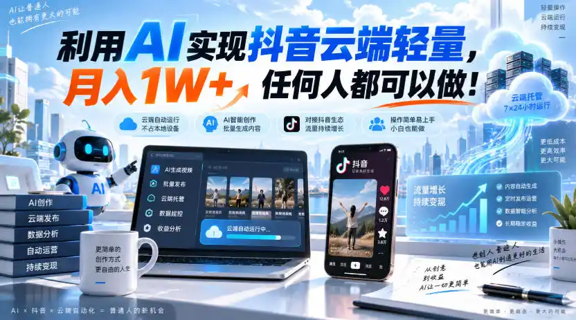 利用AI实现抖音云端轻量，月入1W+，任何人都可以做！【揭秘】-亿起创业网-副业兼职月入过万-自媒体、引流推广、网赚项目、短视频、技术教程等创业项目资源