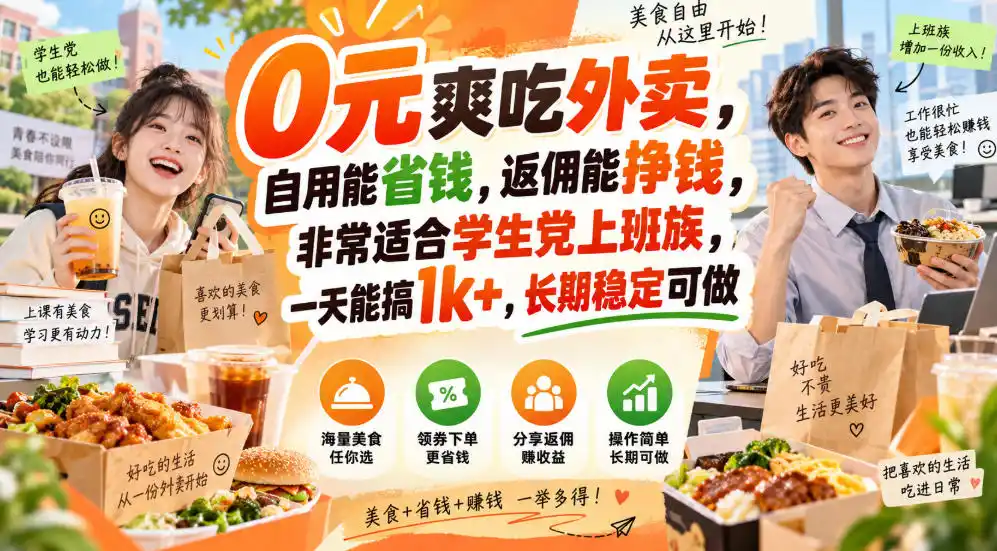 0元爽吃外卖，自用能省钱，返佣能挣钱，非常适合学生党上班族，一天能搞1k+，长期稳定可做-亿起创业网-副业兼职月入过万-自媒体、引流推广、网赚项目、短视频、技术教程等创业项目资源