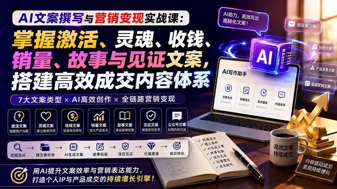 AI文案撰写与营销变现实战课：掌握激活、灵魂、收钱、销量、故事与见证文案，搭建高效成交内容体系-亿起创业网-副业兼职月入过万-自媒体、引流推广、网赚项目、短视频、技术教程等创业项目资源