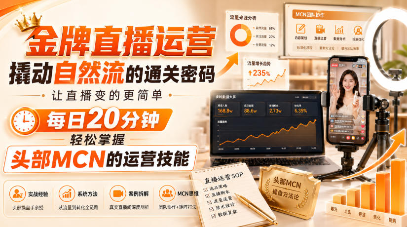 金牌直播运营撬动自然流的通关密码，让直播变的更简单，每日20分钟，轻松掌握头部MCN的运营技能-亿起创业网-副业兼职月入过万-自媒体、引流推广、网赚项目、短视频、技术教程等创业项目资源